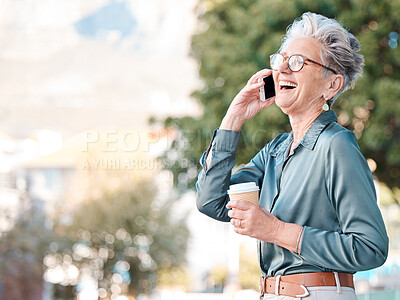 Buy stock photo Business woman, city and phone call in street while talking, happy smile and in conversation on smartphone. Senior female, communication and happiness with communication, speaking or laugh in Austria