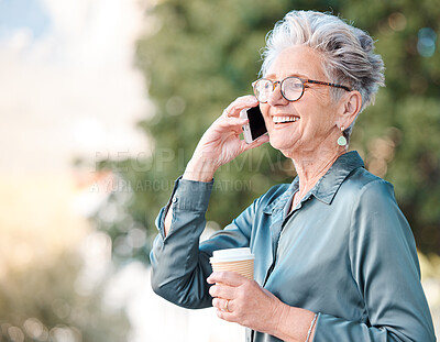 Buy stock photo Phone call, coffee and business woman in the city, 5g contact and phone communication in New Zealand. Networking smile, mobile conversation and senior employee with tea drink and talking connection