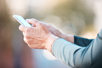 Buy stock photo Phone, app and hands of retirement woman typing on screen for email, ecommerce or social media. Communication, internet and mobile application of senior person online with 5g connectivity.