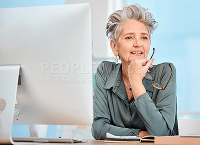 Buy stock photo Seo, computer or senior woman in digital marketing thinking of strategy, innovation or solution at office desk. Ideas, our vision or mature thoughtful manager planning a development project proposal