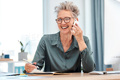 Buy stock photo Business woman, phone call and conversation for connection, smile and in office. Senior, female entrepreneur and lady with smartphone, talking and chatting with notebook, pc and in workplace. 