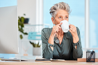 Buy stock photo Ceo, vision and coffee with a businesswoman enjoying a cup of tea while thinking of innnovative ideas. Mature executive, drink caffeine and inspired with creative professional ideas for innovation