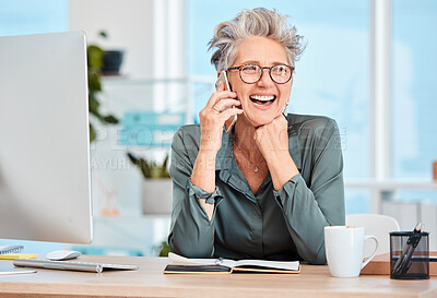Buy stock photo Phone call, office and senior business woman planning strategy, project or proposal in book. Happy, smile and elderly professional manager on mobile conversation while working on management report.