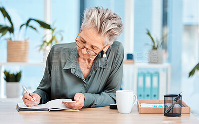 Buy stock photo Writing, notebook and schedule with a woman ceo, manager or boss checking her diary for an appointment. Calendar, coffee and notes with a senior female employee using a pen to write in her planner