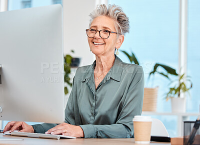Buy stock photo Computer, woman or senior manager doing seo research for a digital marketing or branding development project. Management, mature or happy employee reading an online article, email or internet content
