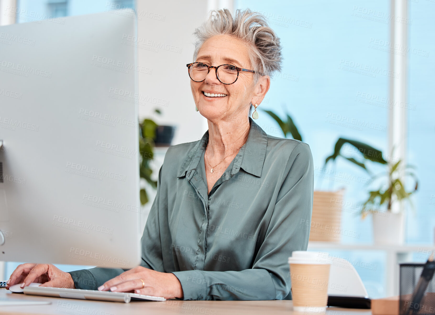 Buy stock photo Computer, woman or senior manager doing seo research for a digital marketing or branding development project. Management, mature or happy employee reading an online article, email or internet content