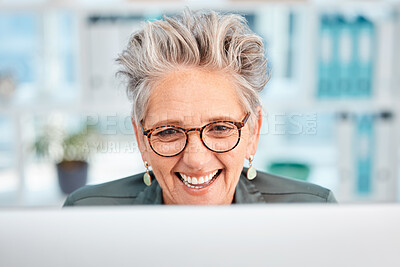 Buy stock photo Happy, email and senior business woman networking, planning and reading communication on a computer. Online conversation, web connection and face of an employee smile for corporate website on a pc