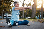 Fitness, stretching and senior woman in a park, training motivation and outdoor workout for energy. Nature exercise, cardio warm up and elderly runner with idea for body performance in retirement