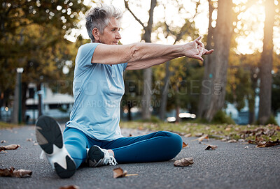 Buy stock photo Fitness, stretching and senior woman in a park, training motivation and outdoor workout for energy. Nature exercise, cardio warm up and elderly runner with idea for body performance in retirement