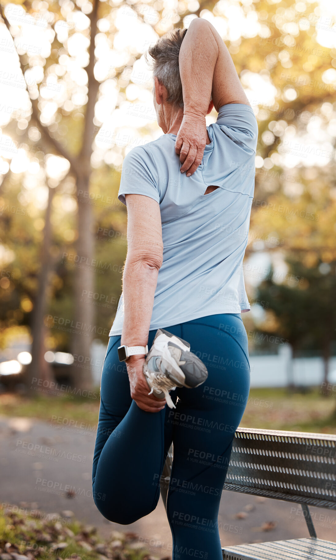 Buy stock photo Back, senior woman and stretching outdoor for workout, wellness and health. Exercise, mature female or elderly lady training, fitness and practice for balance, cardio and performance for retirement.