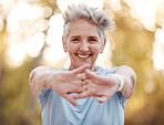 Portrait, senior woman and stretching hands, outdoor and exercise for retirement, health and fitness. Elderly female, mature lady and workout for training, healthy lifestyle and smile for  wellness.