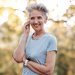Senior woman, happy and smile for outdoor exercise,  healthy fitness workout and lifestyle motivation in nature park. Elderly person, happiness and cardio wellness training with bokeh background