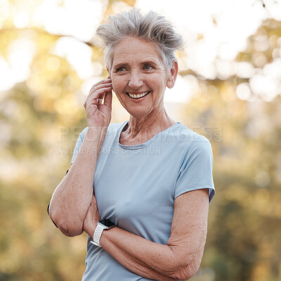 Buy stock photo Senior woman, happy and smile for outdoor exercise,  healthy fitness workout and lifestyle motivation in nature park. Elderly person, happiness and cardio wellness training with bokeh background