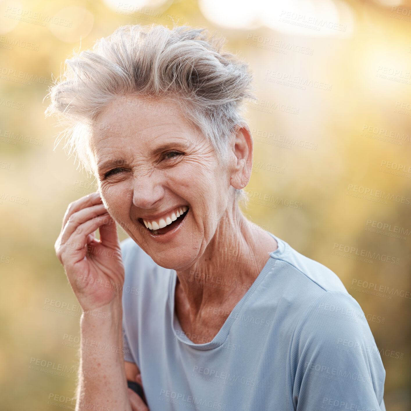 Buy stock photo Senior woman, laughing and fitness break in nature park, garden or countryside environment in mobility healthcare, wellness and self care. Smile, happy and comic retirement elderly in exercise rest