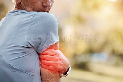 Buy stock photo Senior woman and workout arm injury inflammation discomfort on outdoor walk, run or jog. Active retirement person on exercise break with pain from accident, aging or elderly arthritis.


