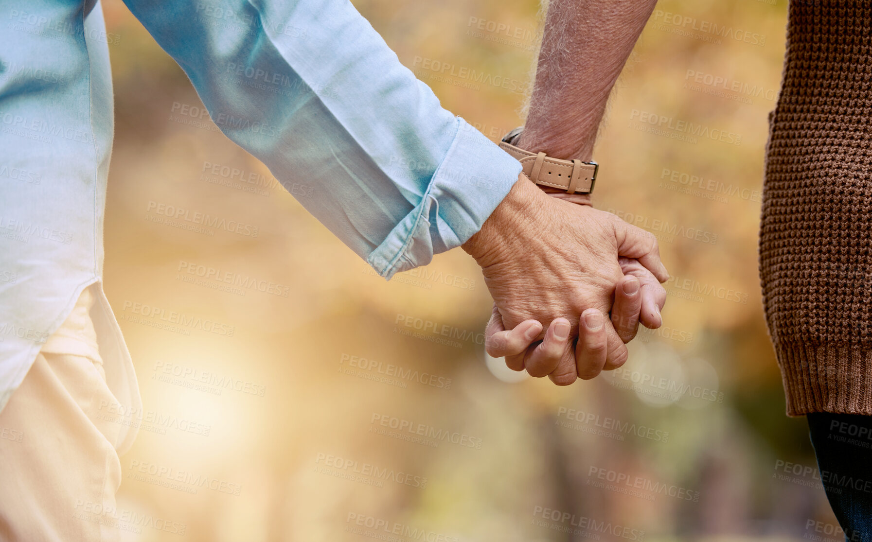 Buy stock photo Love, nature and senior couple holding hands while walking in autumn park, forest or woods for retirement leisure. Romance, lens flare or marriage partnership of elderly man and woman bonding on date