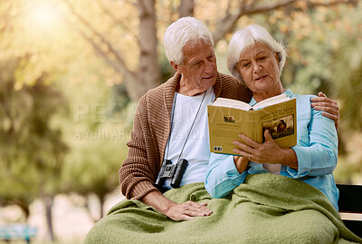 Buy stock photo Old, people and book with a mature couple reading in the park for knowledge and education. Bonding, read and love with a husband and wife with a novel or story in a garden relaxing in retirement 