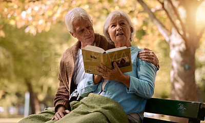 Buy stock photo Senior couple, reading book and relax outdoor on bench in summer for retirement freedom, travel adventure and happy together in New York park. Love, elderly man and calm woman on park bench with book