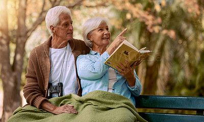 Buy stock photo Book, search or old couple bird watching in nature for calm, relaxing or peaceful quality bonding time in New York. Love, elderly or senior woman pointing in a park with a happy old man in retirement