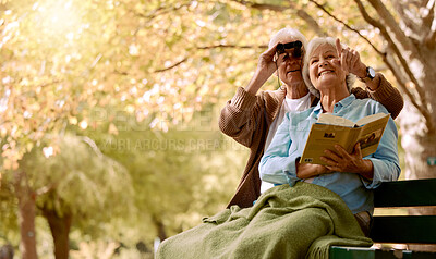 Buy stock photo Retirement, relax and couple on bench at park in New York, USA for marriage leisure on pension. Love, care and happy elderly people bonding in nature together with blanket and cheerful smile.