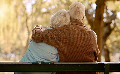 Buy stock photo Relax, hug and love with old couple in park for happiness, marriage and calm. Peace, nature and retirement with man embracing woman on bench for affectionate, bonding and wellness date together