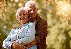 Senior couple, hug and face portrait at park on holiday or vacation mockup. Love, romance or retired elderly man hugging or embrace woman outdoors in nature, bonding or enjoying quality time together
