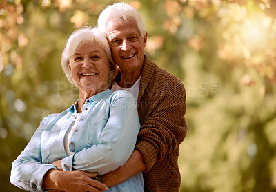 Buy stock photo Senior couple, hug and face portrait at park on holiday or vacation mockup. Love, romance or retired elderly man hugging or embrace woman outdoors in nature, bonding or enjoying quality time together