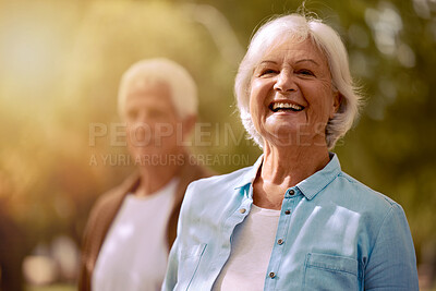 Buy stock photo Mature senior, couple and woman portrait in nature for fun, bonding and loving adventure. Elderly, retired husband and wife enjoying retirement outdoors with a bond of love, care and marriage 
