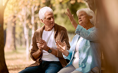 Buy stock photo Senior couple, nature park and conversation for support, communication and relax in sunshine together. Elderly man, woman and sign language in garden, backyard and peace in retirement with disability