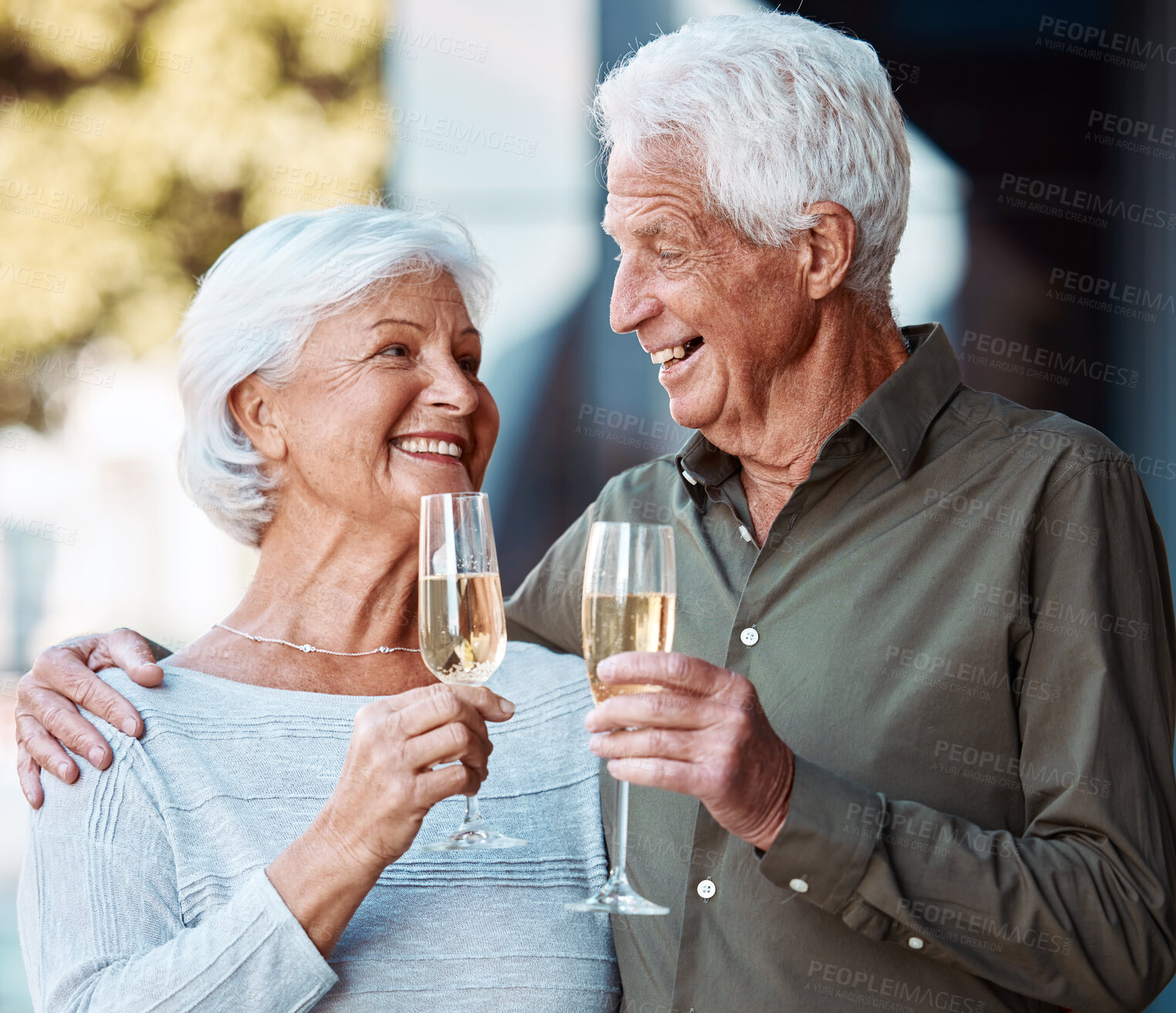 Buy stock photo Senior couple, wine and toast outdoor, love or happiness celebration for anniversary or event together. Smile, happy or love with elderly man and woman with alcohol glass to celebrate and marriage