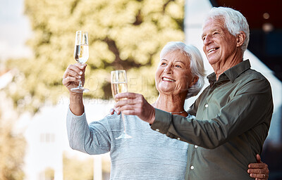 Buy stock photo Senior couple, champagne toast and hug with love, relationship happiness and care in home backyard. Elderly man, woman and glass for celebration, romance or marriage anniversary with smile in summer