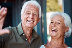 Old, couple and selfie with a retired man and woman laughing and having fun at home with joy. Photo, retirement and elderly husband and wife taking a picture together while in a bonding relationship