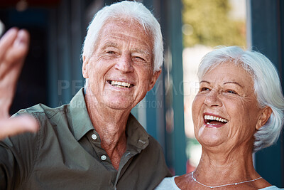 Buy stock photo Old, couple and selfie with a retired man and woman laughing and having fun at home with joy. Photo, retirement and elderly husband and wife taking a picture together while in a bonding relationship