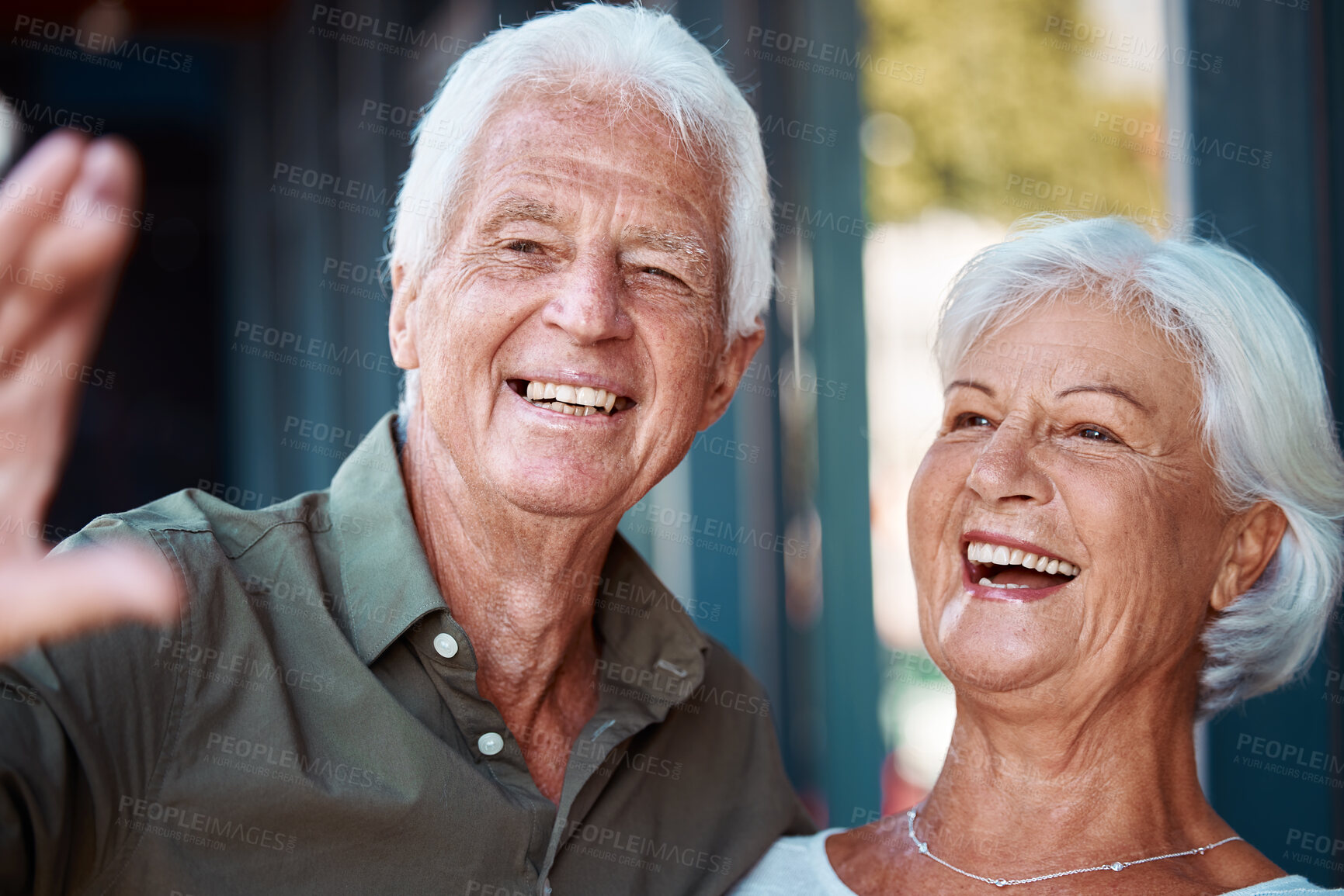 Buy stock photo Old, couple and selfie with a retired man and woman laughing and having fun at home with joy. Photo, retirement and elderly husband and wife taking a picture together while in a bonding relationship