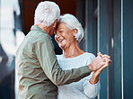 Senior couple, dance and happy smile, love and romance outdoor together, support or trust in marriage relationship. Elderly man, woman or relax while dancing, happiness and enjoy retirement lifestyle