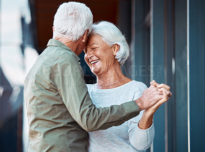 Buy stock photo Senior couple, dance and happy smile, love and romance outdoor together, support or trust in marriage relationship. Elderly man, woman or relax while dancing, happiness and enjoy retirement lifestyle