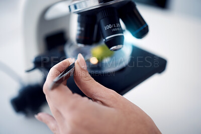 Buy stock photo Science, scientist hand with tweezers and microscope with test sample zoom, research for scientific innovation in lab. Biotechnology or botany with doctor in lab and analysis with study closeup.