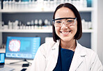 Pharmaceutical, asian and science woman in portrait with technology innovation, research vision and expert knowledge in laboratory. Computer screen, scientist and chemistry medical worker in lab gear
