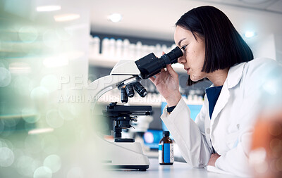 Buy stock photo Woman, laboratory or doctor with microscope for science data analysis, medical innovation or healthcare research. Scientist, futuristic or female nurse working with medicine, DNA or vaccine data exam