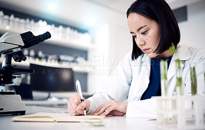 Buy stock photo Scientist, woman and writing notes in laboratory, record test results, data analysis of science experiment. Asian doctor, research study and scientific innovation, notebook and pen at Japanese lab.