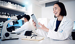 Science, laboratory and woman scientist with tablet, research for pharmacist or healthcare worker in modern lab. Medical innovation, analytics and success for happy pharmaceutical employee with smile