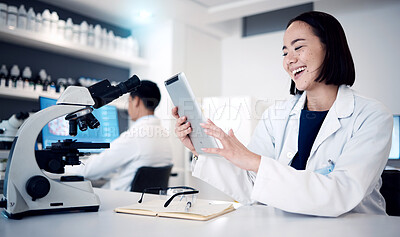 Buy stock photo Science, laboratory and woman scientist with tablet, research for pharmacist or healthcare worker in modern lab. Medical innovation, analytics and success for happy pharmaceutical employee with smile