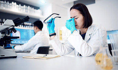Buy stock photo Headache, science and research with a woman at work in a laboratory with anxiety or suffering burnout. Doctor, stress and medicine with a female scientist working in a lab with mental health issues