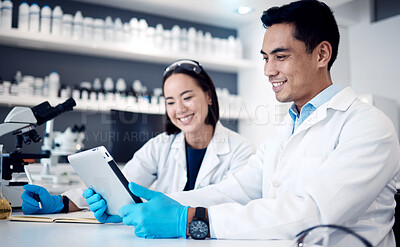 Buy stock photo Research, collaboration and science with people and tablet in laboratory for medical, pharmacy and vaccine report. Teamwork, futuristic and analytics with man and woman for digital, review and test 