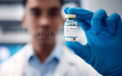 Buy stock photo Healthcare, monkeypox and doctor with vaccine in hand hospital or clinic. Pharmacist, medical insurance and vaccination innovation, man working in medicine for protection against pox virus infection.
