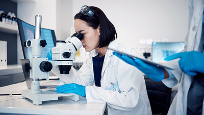 Buy stock photo Lab science, microscope research, and scientist working on future medical development for virus at work. Woman in pharmaceutical hospital for solution, innovation and analysis of healthcare medicine
