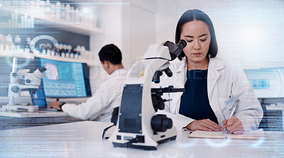 Buy stock photo Scientist in laboratory, asian woman in science with microscope and report analytics of research study with data overlay. Innovation in biotechnology, chemistry expert in Seoul or biology specialist