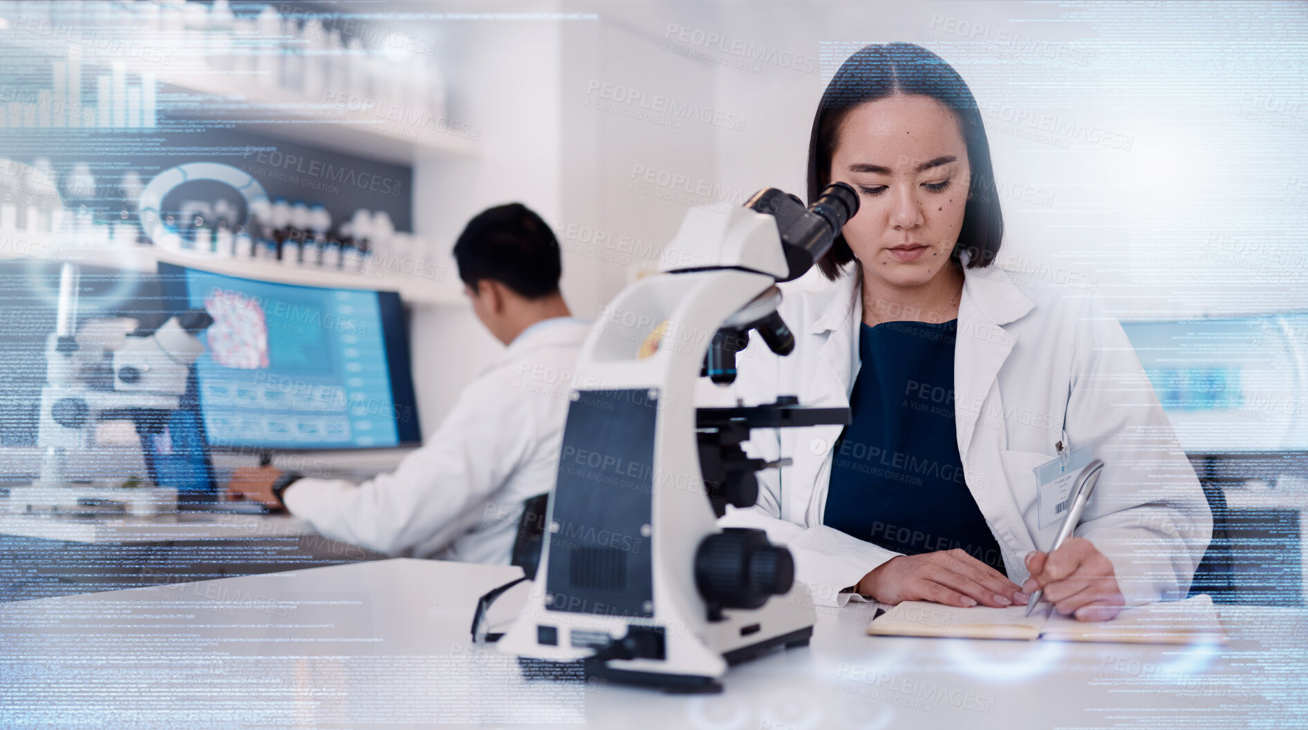 Buy stock photo Scientist in laboratory, asian woman in science with microscope and report analytics of research study with data overlay. Innovation in biotechnology, chemistry expert in Seoul or biology specialist