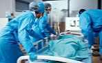 Women, man and hospital bed in motion blur of emergency surgery, healthcare wellness or risk condition operation. Doctors, nurses and medical workers with patient in busy er, theatre room or teamwork