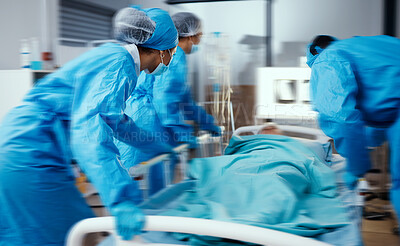 Buy stock photo Women, man and hospital bed in motion blur of emergency surgery, healthcare wellness or risk condition operation. Doctors, nurses and medical workers with patient in busy er, theatre room or teamwork